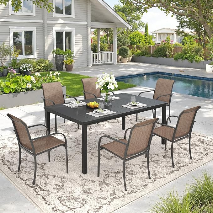 DIFY 7 Pieces Outdoor Patio Dining Set for 6, 63" Black Rectangle Metal Dining Table and 6 Brown Stackable Sling Dining Chairs, Outdoor Table and Chairs for Lawn Garden Backyard Deck by DIFY