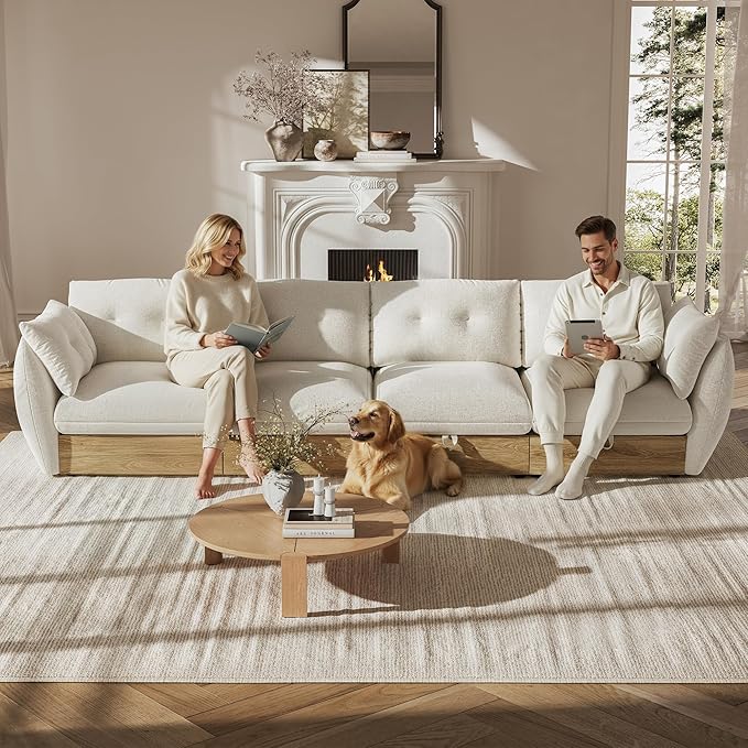 126" 4-Seater Cloud Couch Sectional Modular Sofa with Storage, Cotton and Linen Fabrics Modern Oversized Deep Seat Sofa with Armrest Pillow, Easy Assembly for Living Room, Apartment, Ivory