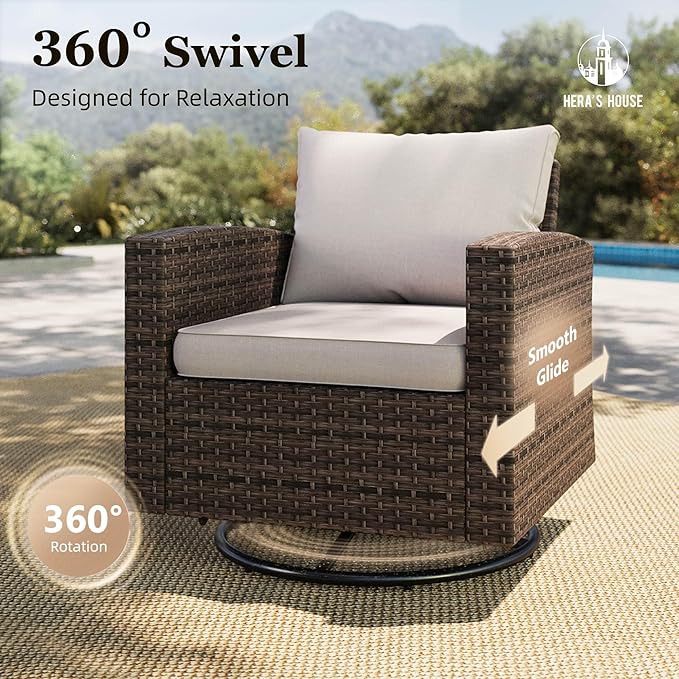 HERA'S HOUSE Swivel Glider Patio Furniture Set, 7 Pieces Wicker Outdoor Seating Furniture, Patio Conversation Sofa Sets for Lawn Backyard Deck, Beige
