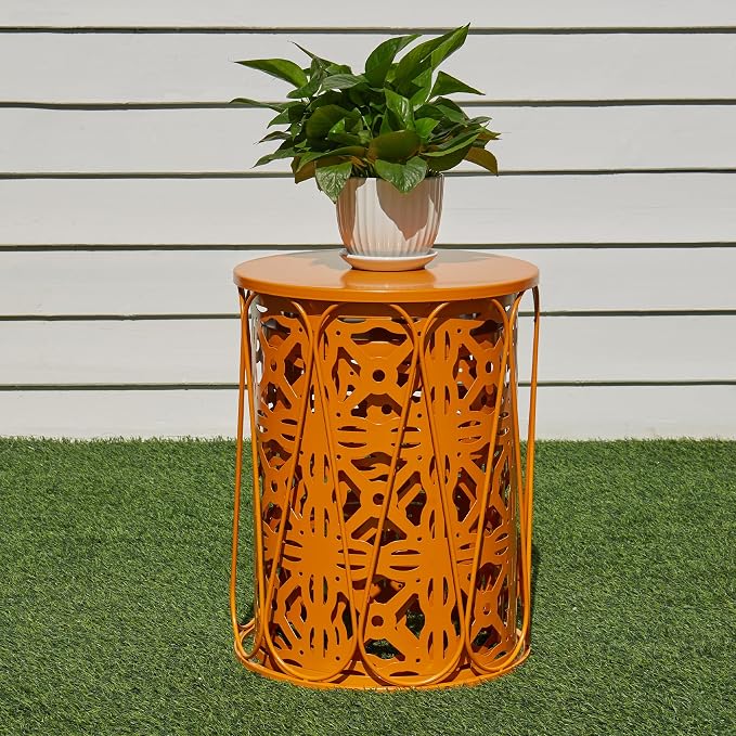 Y&M Metal Round Table, Coffee Table End Patio Table for Indoor Outdoor Multifunctional Use, Heavy Duty Metal Plant Stand Decorative Garden Stool Set of 3 - Orange - Image 6