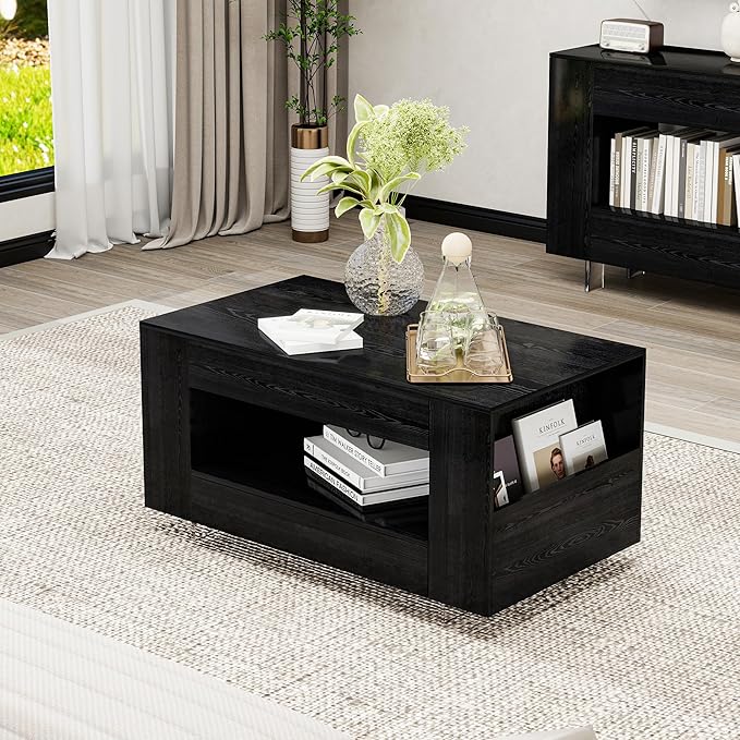 35" Wood Coffee Table for Living Room, Sides Storage with Transparent Legs, Minimalist Modern 2-Tier Storage Shelf Center Table for Home Office, Apartment, Black