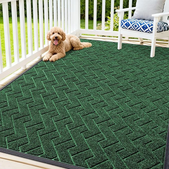 OLANLY Front Door Mat Indoor Outdoor Entrance, Waterproof All-Season, All-Weather Doormat, Sturdy Natural Rubber, Low Profile, Easy Clean Patio Porch Entryway Mat, Herringbone Brick (Green, 71x47) by OLANLY