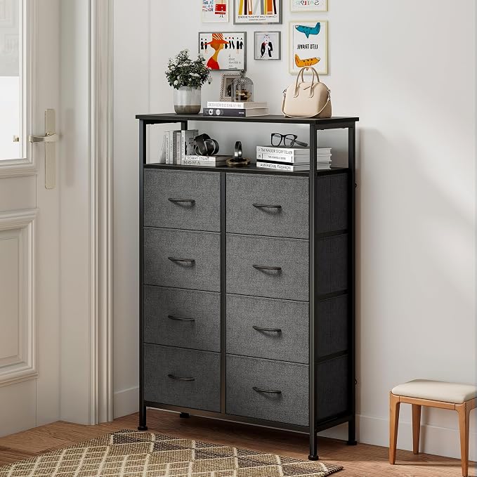 DUMOS Fabric Dresser for Bedroom with 8 Drawers, Tall 8-Drawer Chest of Drawers with Raised Shelf, Storage Tower with Fabric Bins for Closet Organization, Hallway Storage, Grey - Image 2