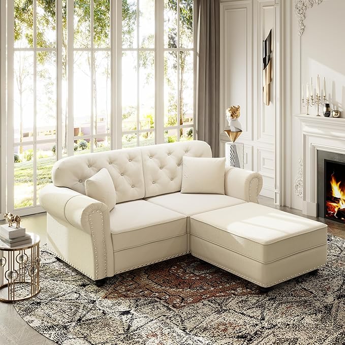KEIKI 63" Velvet Chesterfield Sofa with Rolled Arms & Nailhead Trim & 1 Ottoman, Modern 2-Seater Button Tufted Couch with High Resilience Cushion & 2 Pillow, Easy Assembly, for Living Room, White