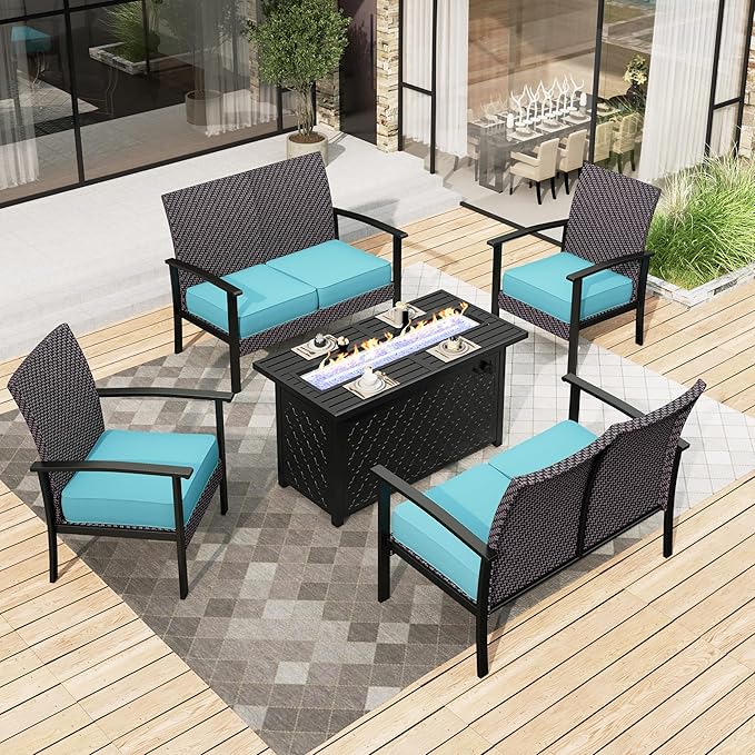 HERA'S HOUSE Patio Furniture Set 5 Pieces, 2 x Wicker Chair, 45" Fire Pit Table and 2 x 2-Seat Lover Sofa with Cushions, All Weather Outdoor Conversation Set for Garden, Lawn, Backyard