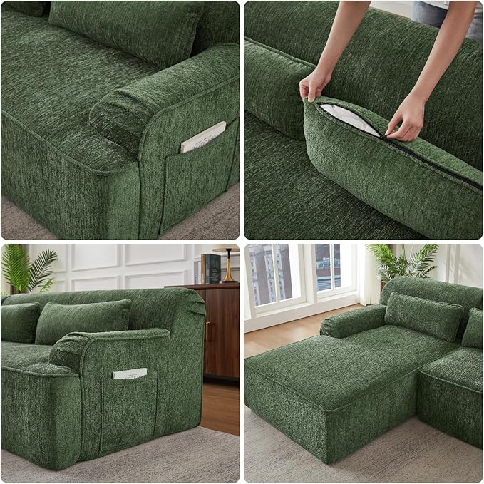 L-Shaped Sectional Sofa, Luxury Upholstered Chenille 3-Seater Sofa with Left Chaise Lounge & 3 Lumbar Pillows, Modern Comfy Oversized Couch with Side Pocket for Living Room, Apartment, Green