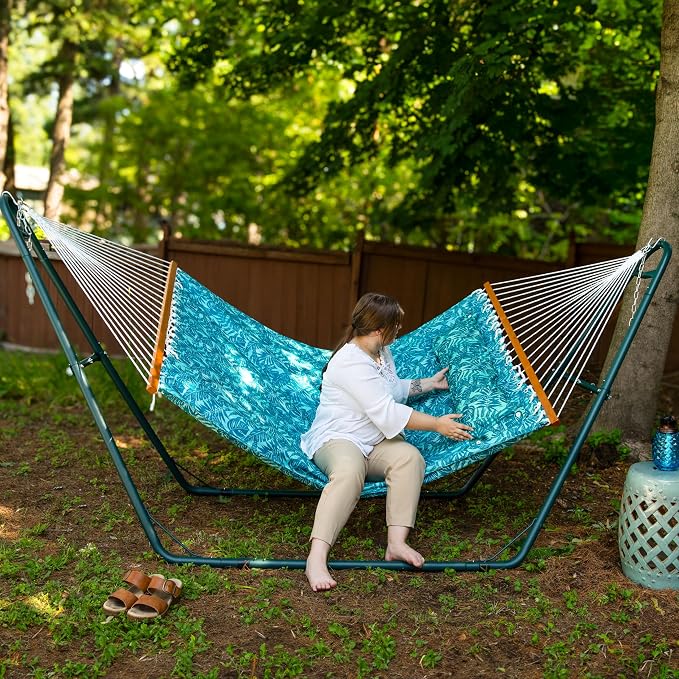 Sunnydaze Quilted Double Hammock for Outside with Spreader Bars and Pillow - 450 lb Capacity, 74x55 Inch Bed, UV Resistant, Quick Dry - Chains Included, Stand Sold Separately - Cool Blue Tropics - Image 9