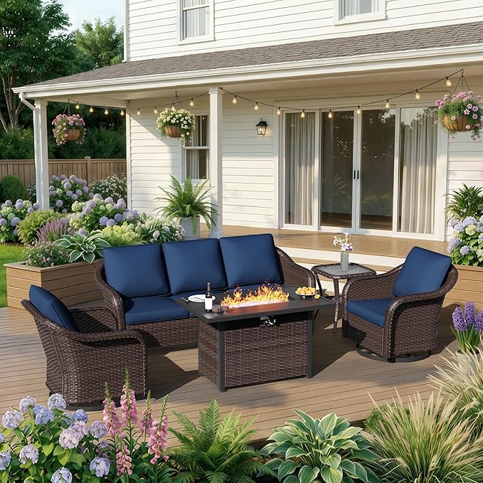 5 Piece Patio Wicker Conversation Set, All-Weather Use Outdoor Wicker Sofa with 2 PE Rattan Ottomans,2 Swivel Chair, 1 Side Table, Ideal for Porch, Backyard, Balcony, Poolside, Blue