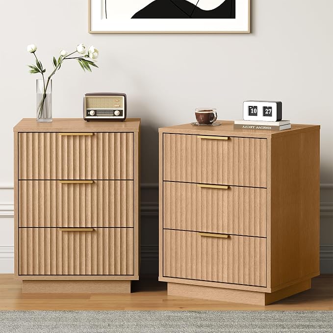 RoyalCraft Fluted Nightstand Set of 2, Modern Bedside Table with 3 Large Storage Drawers, Wood End Table with Metal Handle for Bedroom, Natural Oak by Bringyoubetterlife