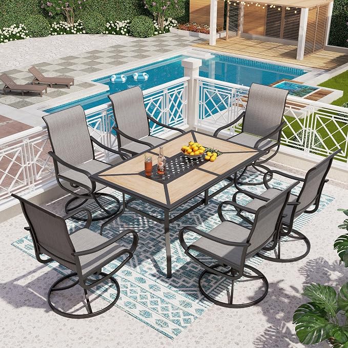 PHI VILLA 7 Piece Patio Dining Set, 6 Swivel Patio Chairs with Textilene Mesh Fabric & Rectangular Wooden-Like Dining Table(1.6" Umbrella Hole), All Weather Patio Chairs and Table Set for Deck (Grey) by PHIVILLA