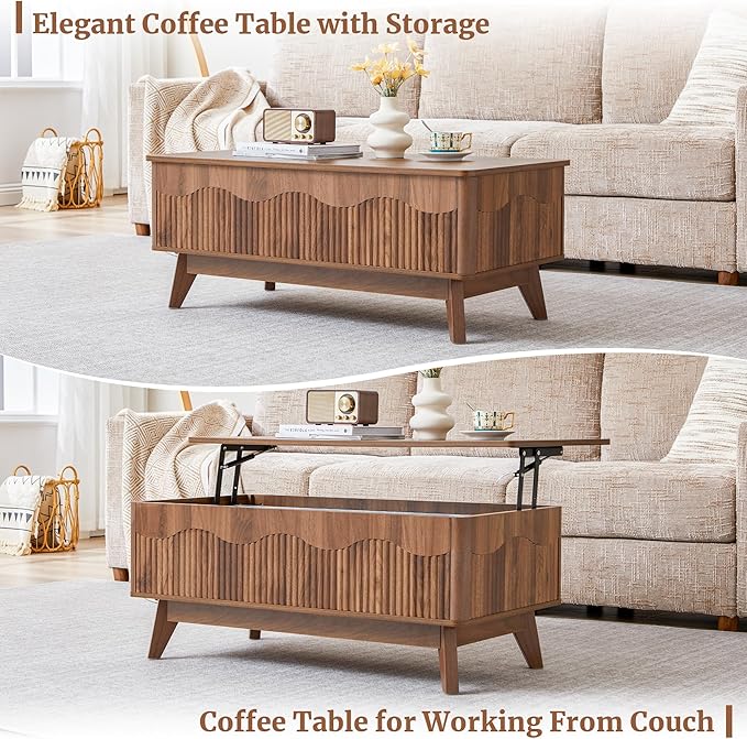 BERRYMERRY Lift Top Coffee Table with Hidden Storage, Farmhouse Fluted Coffee Table with Wave Profile, Rising Top Rectangular Center Table for Living Room (Walnut)