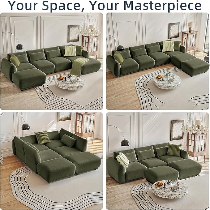 Sectional Sofa Couch, Modern U Shaped Sectional Couch with Ottoman, Modular Sectional Sofa Cloud Couches for Living Room (Green, 3 Set + 1 Ottoman)