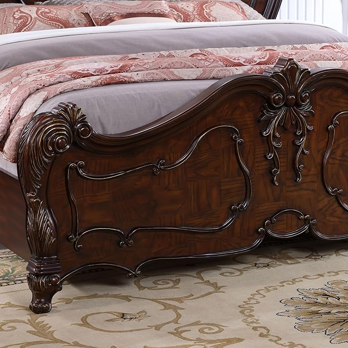 Furniture of America Eugene Traditional Solid Wood 3-Piece Bedroom Collection with Bed Frame and 3-Drawer Nightstands Set of 2, Box Spring Required, Dark Cherry, King