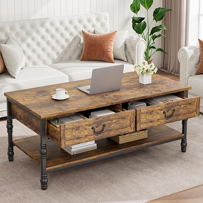 IDEALHOUSE Coffee Table with Drawers 41" Large Center Table with Storage Rectangular Cocktail Table Mid Century Wooden Coffee Tables Retro Living Room Table Vintage Tea Table, Rustic Brown