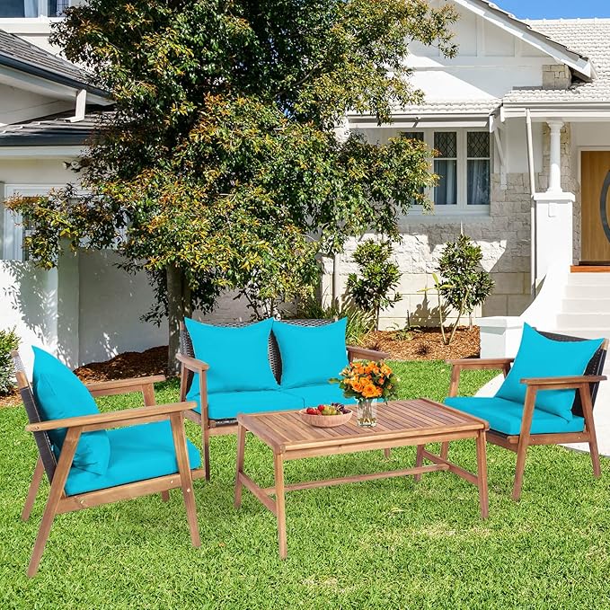 Tangkula 4-Piece Patio Furniture Set, Outdoor Acacia Wood Conversation Set with Cushions and Coffee Table, Outdoor PE Wicker Sectional Sofa Set for Garden, Poolside and Backyard (1, Turquoise)