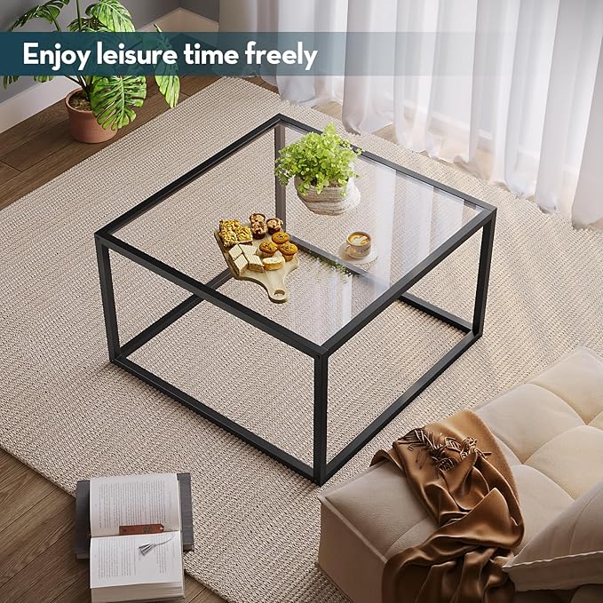 SAYGOER Glass Coffee Table Small Square Coffee Tables for Living Room, 26.7 inch Modern Center Table for Office Apartment, 5 MM Tempered Clear Glass Top, Black Metal Frame