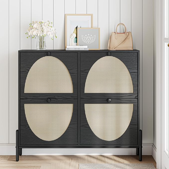 IRONCK Rattan Shoe Cabinet Storage with 4 Flip Drawers, Freestanding Shoe Storage Organizer Cabinet for Entryway, Narrow Shoe Rack Cabinet, Matte Black - Image 4