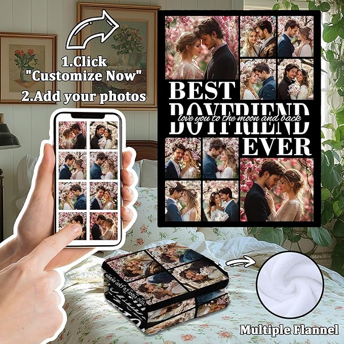 Personalized Birthday Gifts Gifts for Best Boyfriend Ever, Custom Photo Throw Blanket, Personalized Christmas Birthday Valentine's Day Gifts for Boyfriend from Girlfriend
