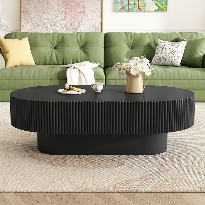 Merax Modern Oval Coffee Table with Sturdy Base, Wood Minimalist Fluted Center End Tables for Living Room Reception Room, Easy Assemble,Black
