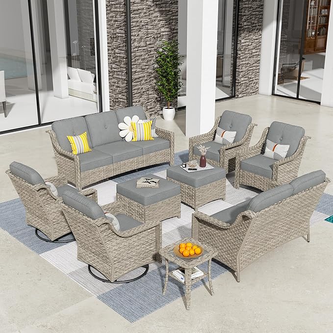 HOOOWOOO 9 Piece Patio Furniture Conversation Sets with Swivel Rocking Chairs,Outdoor Wicker Furniture with Ottoman,All Weather Resistant High Back Rattan Conversational Set(Dark Grey Gray)