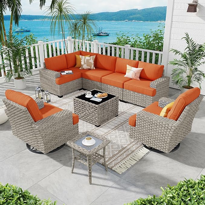 ovios 9 Piece Patio Sectional Furniture with Swivel Rocking Chairs, Rattan Wicker Coversation Set with Glowing Coffee Table, Outdoor Sofa Set for Outside Porch Balcony Backyard Pool,Orange