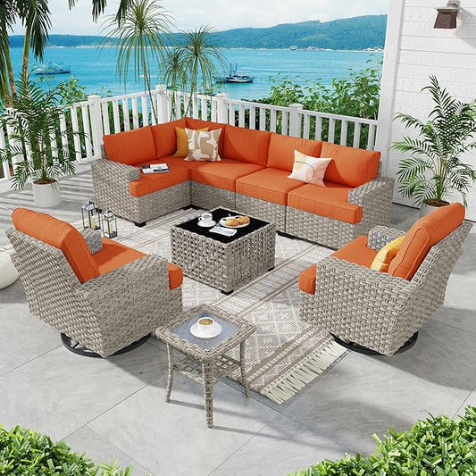 ovios 9 Piece Patio Sectional Furniture with Swivel Rocking Chairs, Rattan Wicker Coversation Set with Glowing Coffee Table, Outdoor Sofa Set for Outside Porch Balcony Backyard Pool,Orange