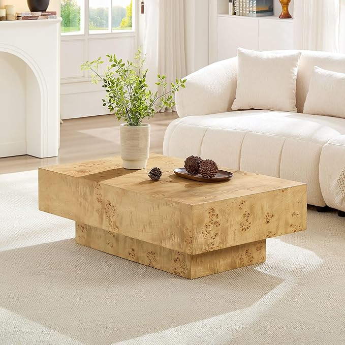 WILLIAMSPACE 43.31" Rectangle Coffee Table with Burl Wood Veneer & Sturdy Base, Modern Luxury Wood Drum Center Table Accent Side End Table for Living Room Apartment, Natural