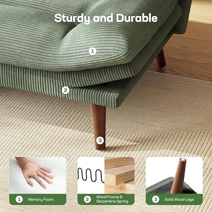 Marsail 74.8" Futon Sofa Bed, Corduroy Convertible Futon Couch with Adjustable Backrest & Armrests, Small Sleeper Sofa Loveseat for Small Apartments, Study Room, Office, Green