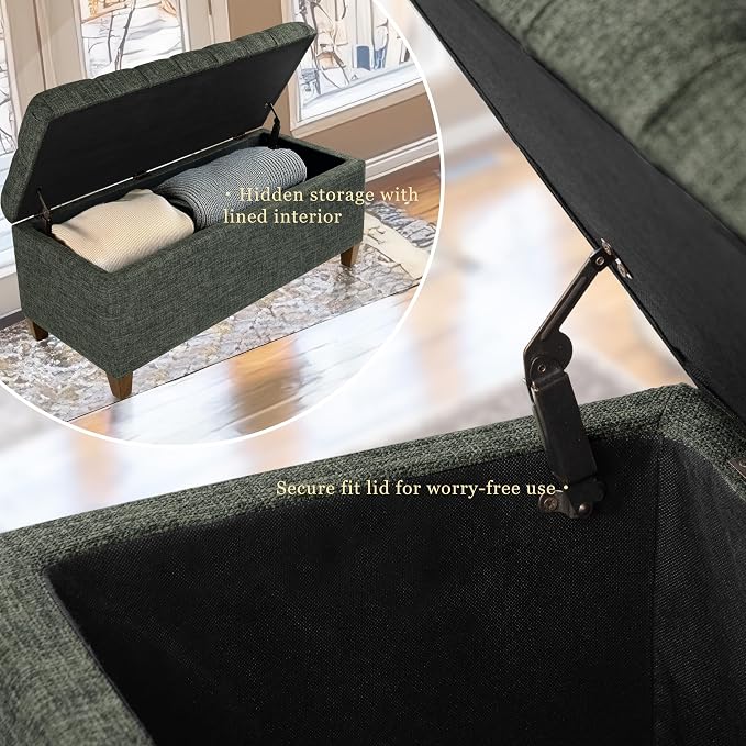 Homepop Home Decor Tufted Ainsley Button Storage Ottoman Bench with Hinged Lid Ottoman Bench with Storage for Living Room & Bedroom, Green Clover Fabric - Image 6