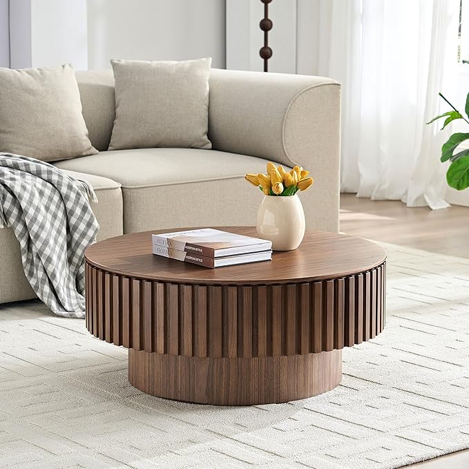 WILLIAMSPACE 31.49" Round Coffee Table with Storage for Living Room, Modern Circle Center Table with Solid Wood Veneered & Sturdy Pedestal, Accent End Tea Table for Apartment - Walnut