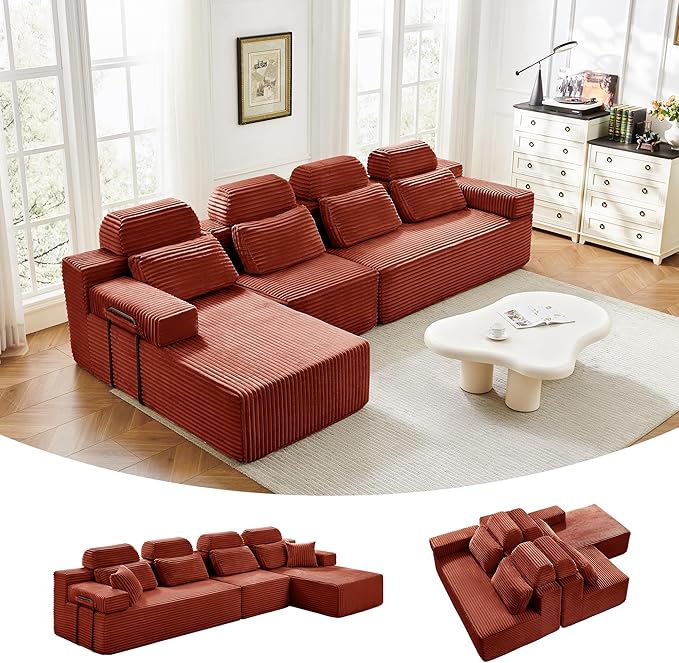 136" L Shaped Cloud Modular Sectional Sofa with Chaise & Headrest, Boneless Deep Seat Plush Corduroy Couches for Large Living Room, No Assembly Required (Orange, 136" L-shapred Chaise)