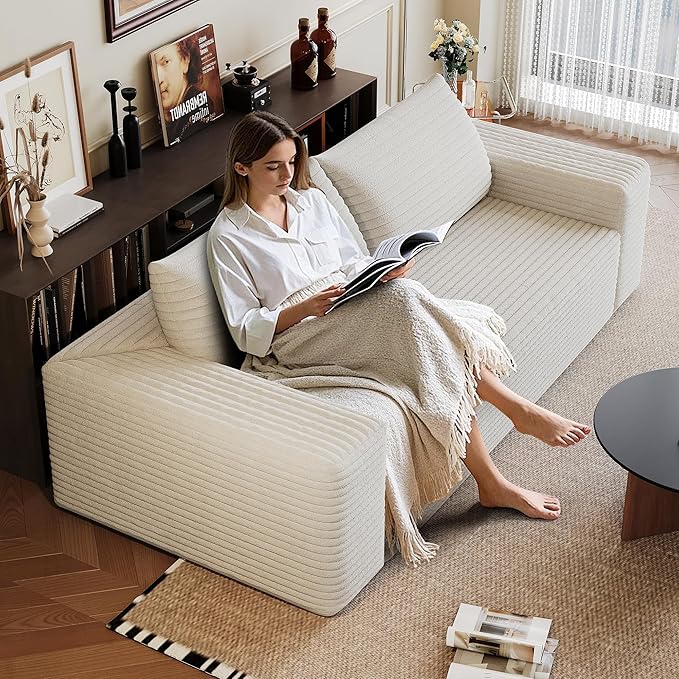 JINGLING 63" Small Couches for Small Spaces, Comfy Boneless Couch in a Box, Love Seat Compressed Sofa for Living Room Bedroom, Apartment Furniture, No Assembly, Corduroy, White