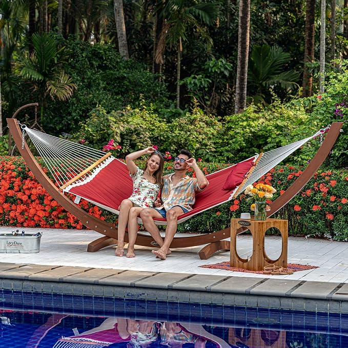 Lazy Daze Hammocks 12 FT Double Quilted Fabric Hammock with Spreader Bar and Detachable Pillow, 2 Person Hammock, 450lbs Weight Capacity, Burgundy - Image 2