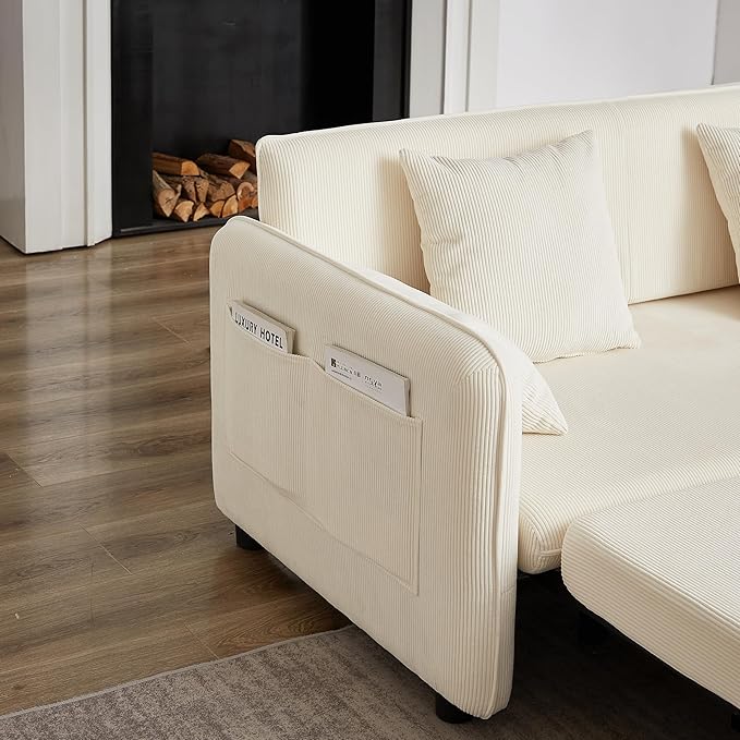 Ball & Cast 66" Convertible Sofa Bed,3-in-1 Corduroy Loveseat Sleeper Pull Out Couch Bed with Pillows and Side Pockets, Deep Seat Comfy Sofa Couches for Living Room,Apartment,Beige