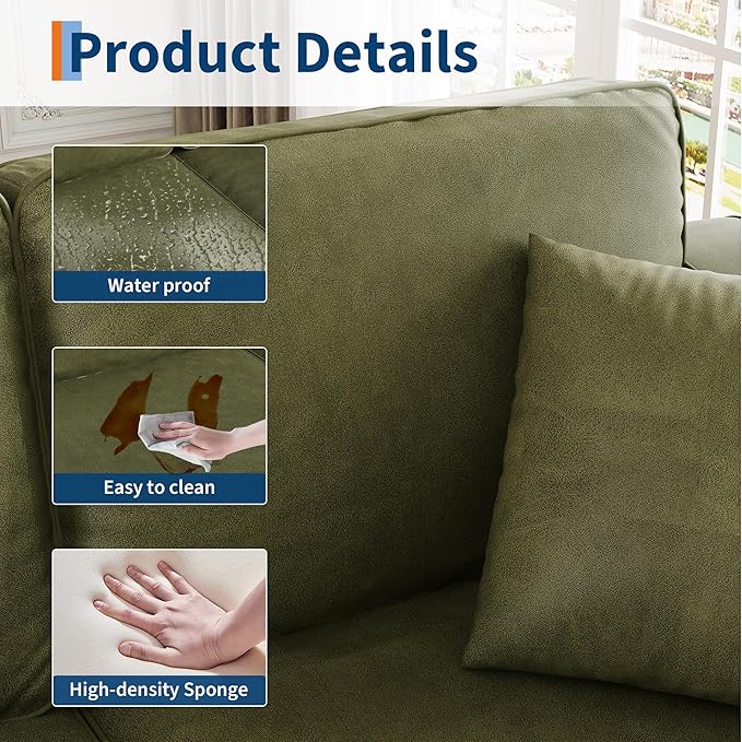 3-Seater Sofa Couch with 2 Throw Pillows, 85 Inches Faux Leather Couch with Wide Armrests, Deep Seats, Wood Legs, Back Cushion, Sturdy Support Feet, Couches for Living Room, Office, Olive Green