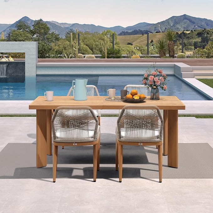 PURPLE LEAF 5 Pieces Patio Dining Set Aluminum Modern Rectangular Table and Wicker Chairs with Cushions for Kitchen Porch Garden Outdoor Furniture Sets, Teak - Image 2