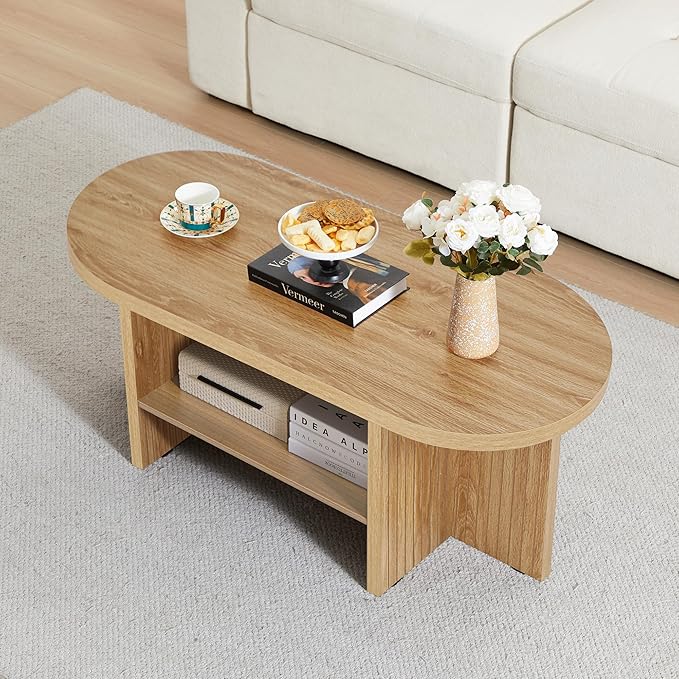 43.3" Coffee Table with Storage, Oval Coffee Tables for Living Room, Farmhouse Fluted Coffee Table with Large Storage Shelf, Wood Center Table for Small Space, Natural