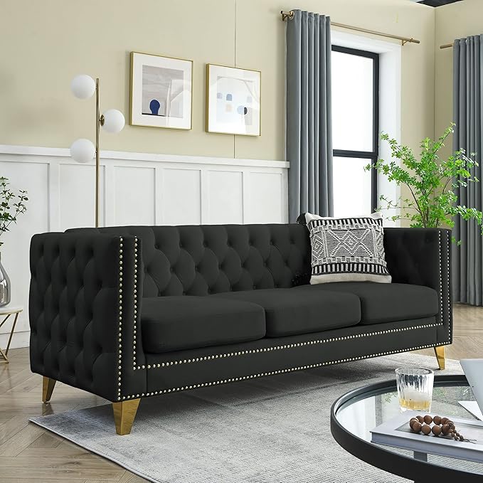 KEIKI Tufted Velvet 3+3 Seat Sofa Couch for Living Room, Buttons Tufted Square Arm Couch for Home Apartment, Black