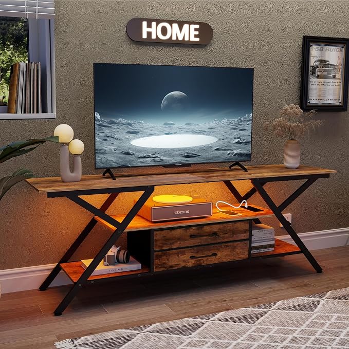 Simoretus TV Stand with Power Outlet and LED Lights, Fits TVs up to 65”, 2 Fabric Drawers Entertainment Center with Open Storage Shelves, Media Console for Living Room, Bedroom (Rustic Brown) by Simoretus