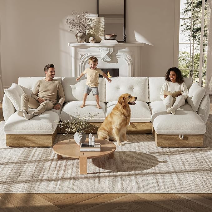 134" U Shaped Cloud Couch Sectional Modular Sofa with Storage, Cotton and Linen Fabrics Modern Oversized Deep Seat Sofa with Armrest Pillow, Easy Assembly for Living Room, Apartment, Ivory