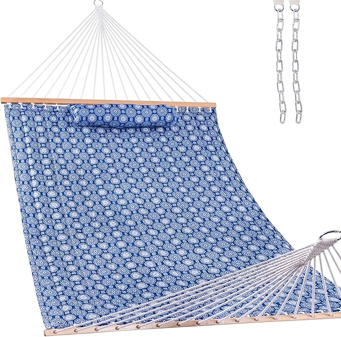Lazy Daze Hammocks 12FT Quilted Fabric Hammock with Soft Pillow, Double 2 Person Tree Hammock with Spreader Bar for Outdoor Patio Backyard Poolside, 450lbs Weight Capacity, Blue Floral by LazyDazeHammocks
