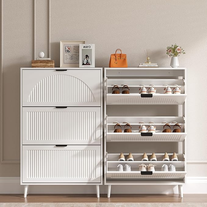 BORNOON Shoe Cabinet for Entryway with 3 Flip Drawers, Slim Wooden Shoe Storage Organizer with Modern Fluted Pannel，Freestanding Narrow Hidden Shoe Rack for Hallway, Foyer, Living Room - Image 4