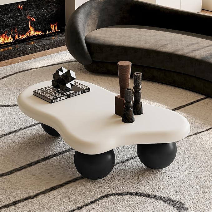 40” Cloud Coffee Table with 3 Ball Legs, Modern Irregular Center Table for Living Room, Low Cute Small MDF Tea Table for Bedroom, Space Apartment-White Black