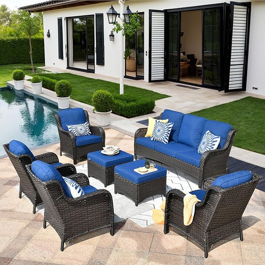 HOOOWOOO Patio Furniture Set,7 Piece Outdoor Furniture Set,Wicker Patio Conversation Couch Chairs Ottoman Set,Navy Blue