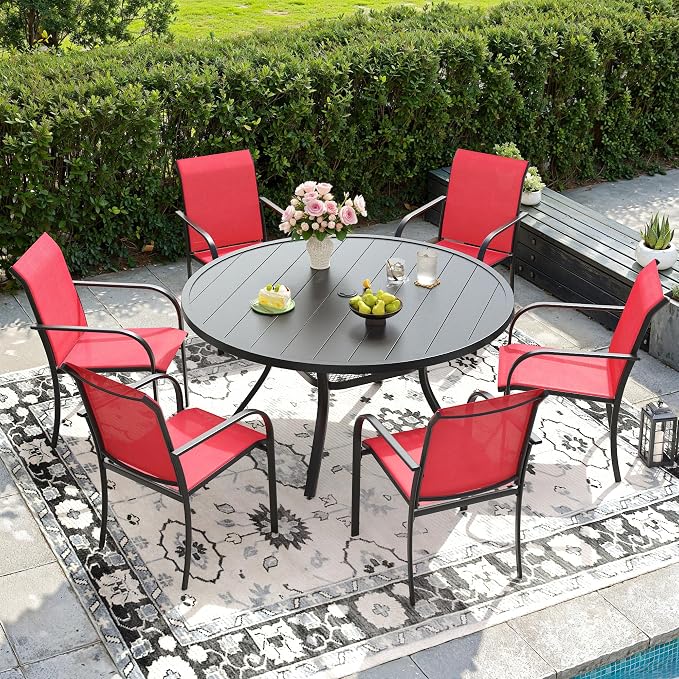 DIFY Outdoor Dining Set for 6, Patio Dining Furniture Set Includes 47.2" Black Round Table with Adjustable Umbrella Hole and 6 Red Stackable Metal Chairs for Poolside, Garden, Backyard by DIFY