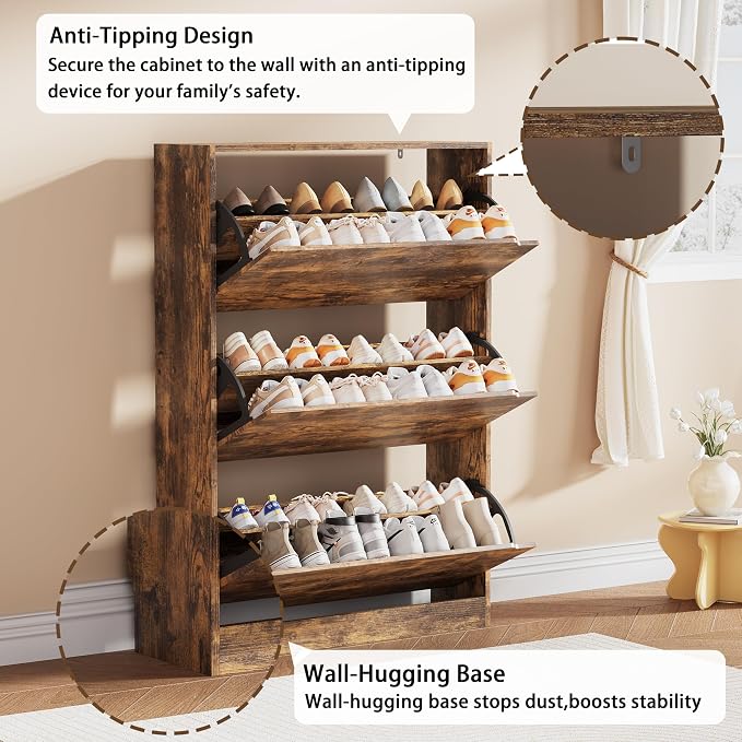 Shoe Storage Cabinet, Wood Shoe Organizer for Entryway with 3 Flip Drawers, Freestanding Shoe Rack w/h Adjustable Shelf,Narrow Shoe Dresser for Front Door Entrance(Brown, 47.2" x 31.5" x 9.25") - Image 5