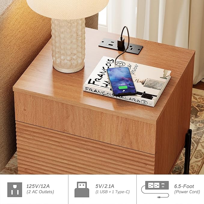 WAMPAT 2 Pieces Bedroom Set, Fluted Dresser and Nightstand Set, Wood Storage Cabinet and Nightstands with Charging Station, Wide Storage Organizer Cabinet for Bedroom, Mocha
