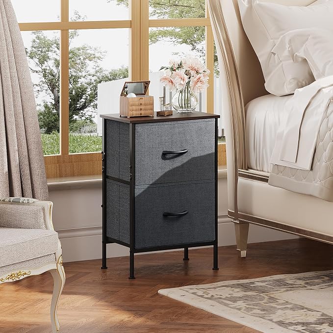 WLIVE Night Stand, Small Dresser with 2 Drawers & Wooden Top, Nightstand with Fabric Bins, Bedside Table End Table for Bedroom, Closet, Entryway, College Dorm, Charcoal Black - Image 2
