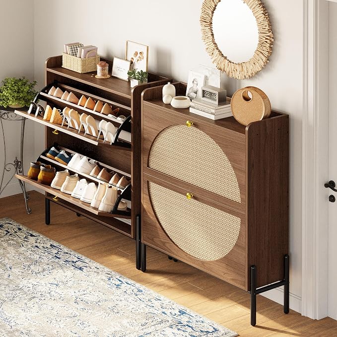 IRONCK Shoe Cabinet Storage with 2 Flip Drawers, Free Standing Wooden Shoe Storage Organizer Cabinet with Rattan Doors for Entryway, Narrow Shoe Rack Cabinet, Walnut - Image 9