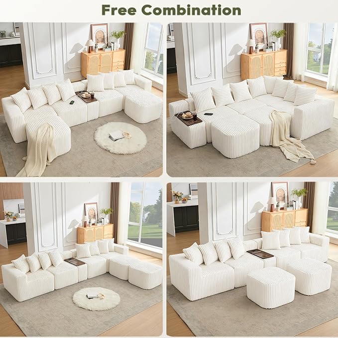 Oversized Cloud Modular Sectional Sofa Boneless Couch with Movable Ottomans,Free Combination Memory Foam Floor Couch with Charging Port & Cup Holders for Living Room | Coffee Table Board, Wireless Charge, No Assembly